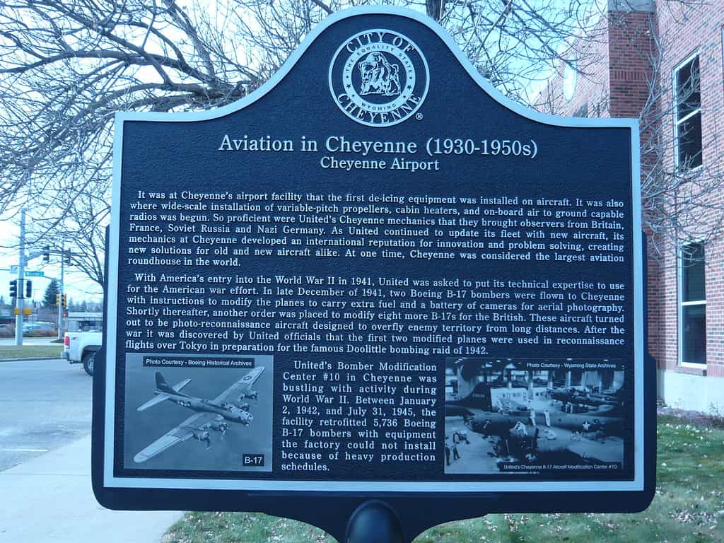 Front side of historical marker at Cheyenne Regional Airport