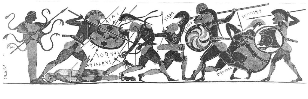 English: Ajax (Aias) fights Glaukos over the dead body of Achilles, while Paris and Aeneas look on. Helping Ajax is Athena with a snaky aegis. A Chalcidian Amphora from 540-530 BCE, formerly in the Pembroke-Hope Collection in Deepdene, England, now lost. Drawing is based on A. Rumpf, Chalkidische Vasen (Berlin/Leipzig 1927), pl. 12