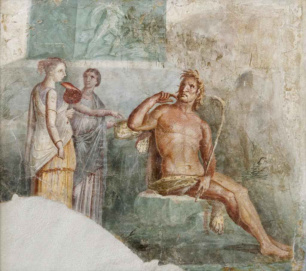 English: Galatea (holding a fan) meets Polyphemus; a Roman fresco painted in the Pompeian "Fourth Style" (45-79 AD), from Portici, Italy, now housed in the National Archaeological Museum of Naples (inventory no. 8983).