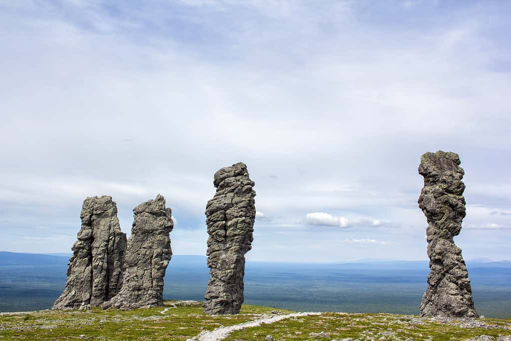 Manpupuner rock formations located to the west of the Urals in the Troitsko-Pechora region of the Komi Republic.