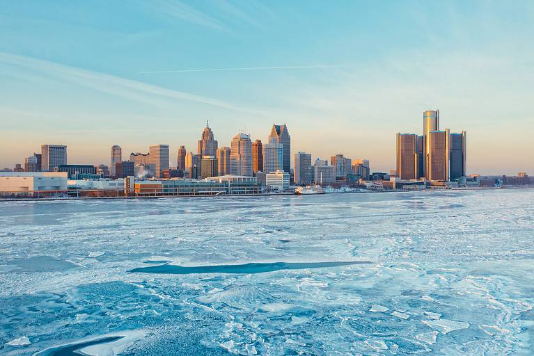 Detroit skyline with frozen river