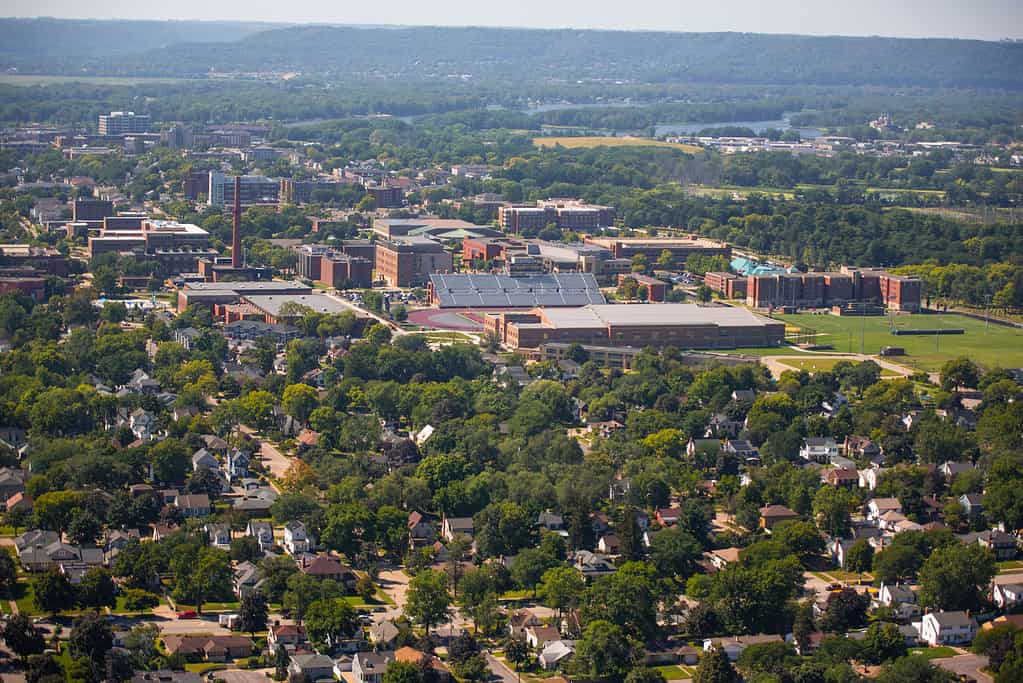 Aerial drone view of the University of Wisconsin in La Crosse