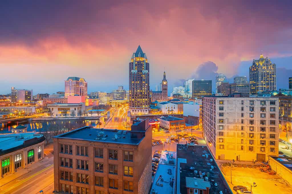 Downtown Milwaukee city skyline cityscape of Wisconsin in USA