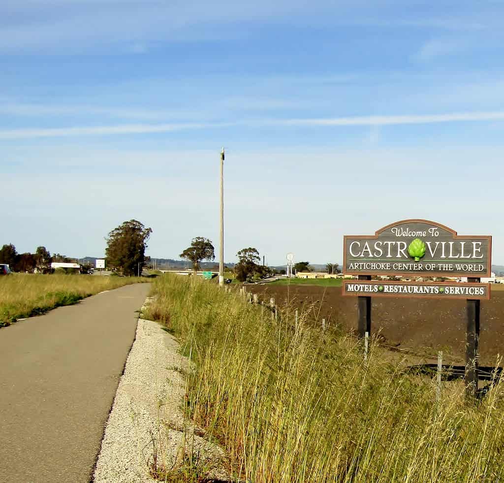"Welcome to Castroville  - Artichoke center of the world" sign in Castroville, CA, USA