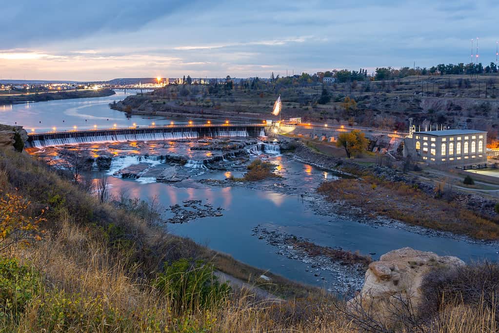 Beautiful view of the Great Falls in Montana, in twilight. Black Eagle Point