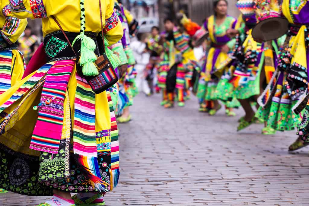 Close-up of Peruvian dancers at the parade in Cusco