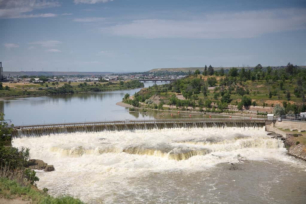 Missouri River flows over The Great Falls Dam