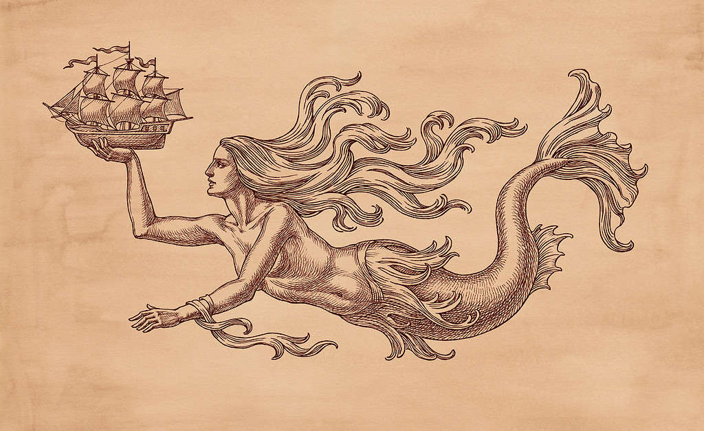 Mermaid and sailing ship on brown paper.