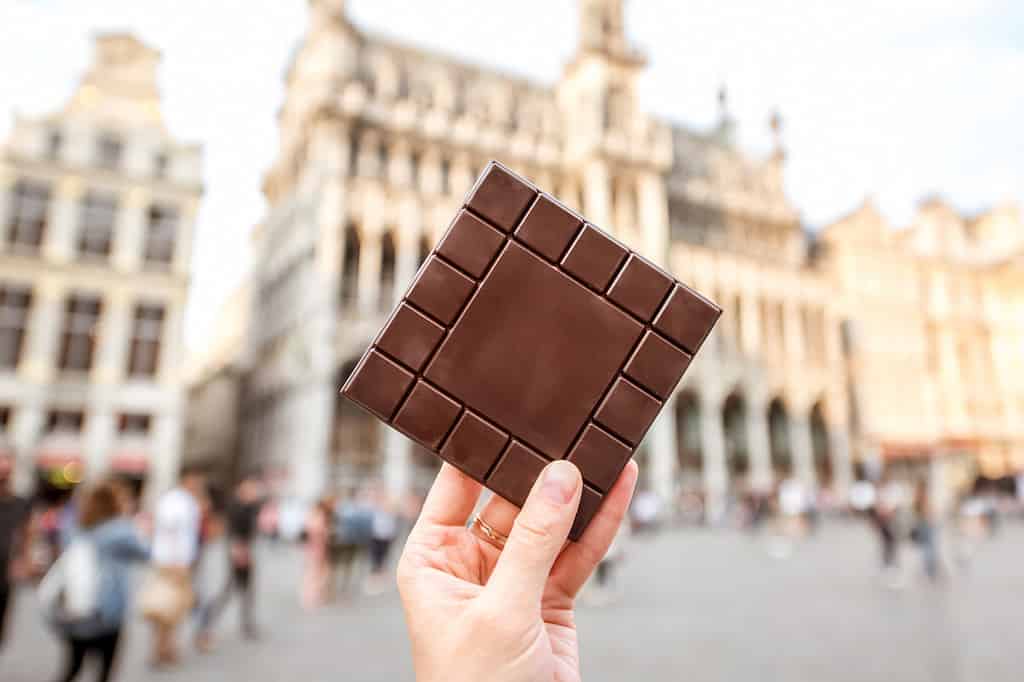 Holding a chocolate bar in Brussels