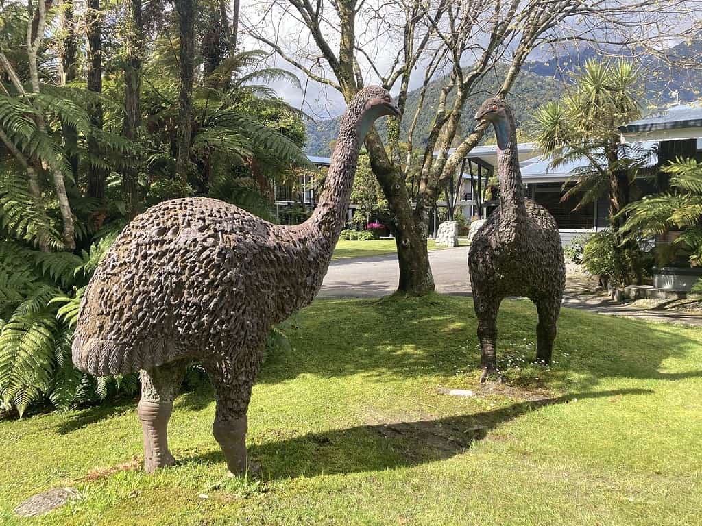 Concrete moa sculptures outside the Scenic Hotel, Franz Josef, West Coast, New Zealand; depicting the South Island giant moa Dinornis robustus.