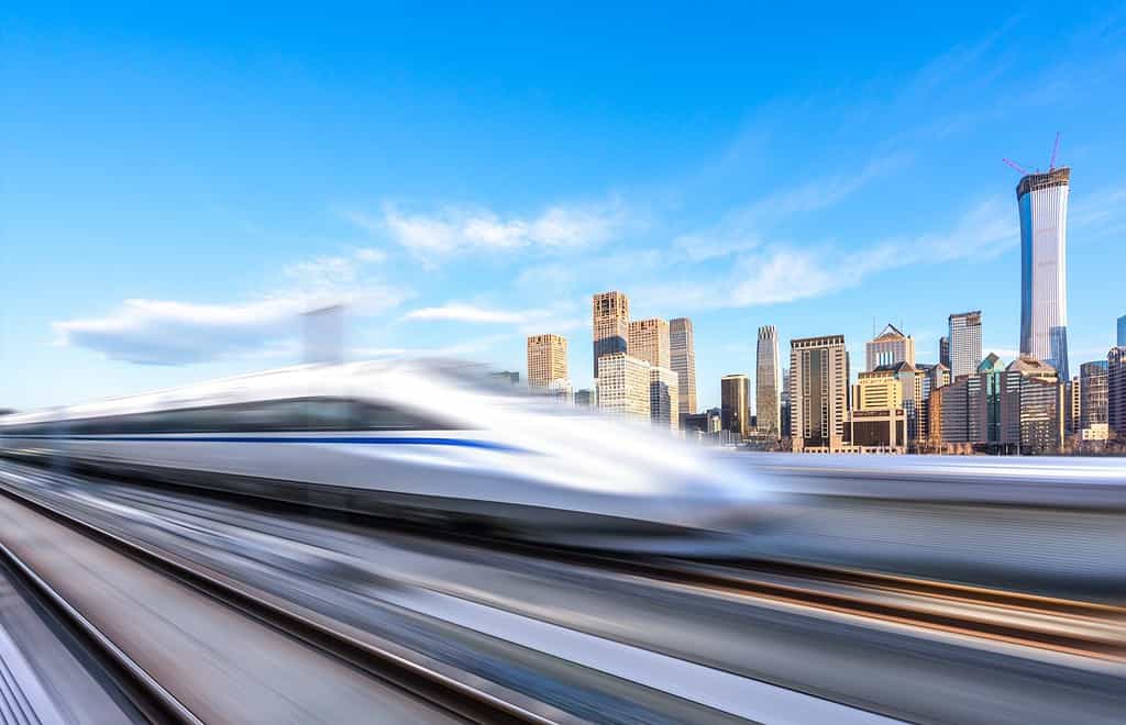 High Speed Rail with cityscape in beijing china