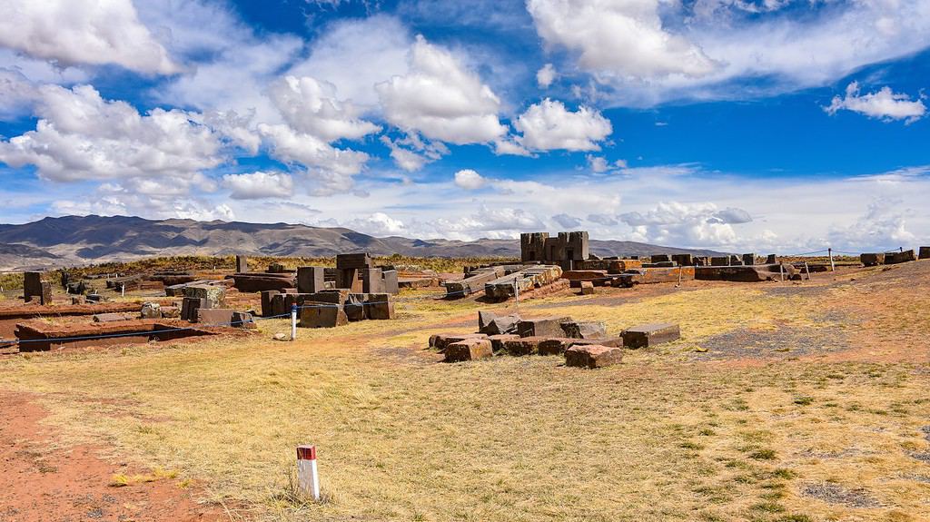 Elaborately carved megalithic stones at Puma Punku, part of the Tiwanaku archaeological complex, a UNESCO world heritage site near La Paz, Bolivia.