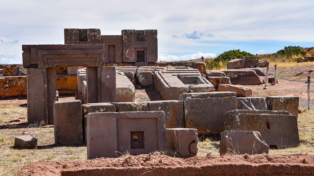 Elaborate carving in megalithic stone at Puma Punku, part of the Tiwanaku archaeological complex, a UNESCO world heritage site near La Paz, Bolivia.
