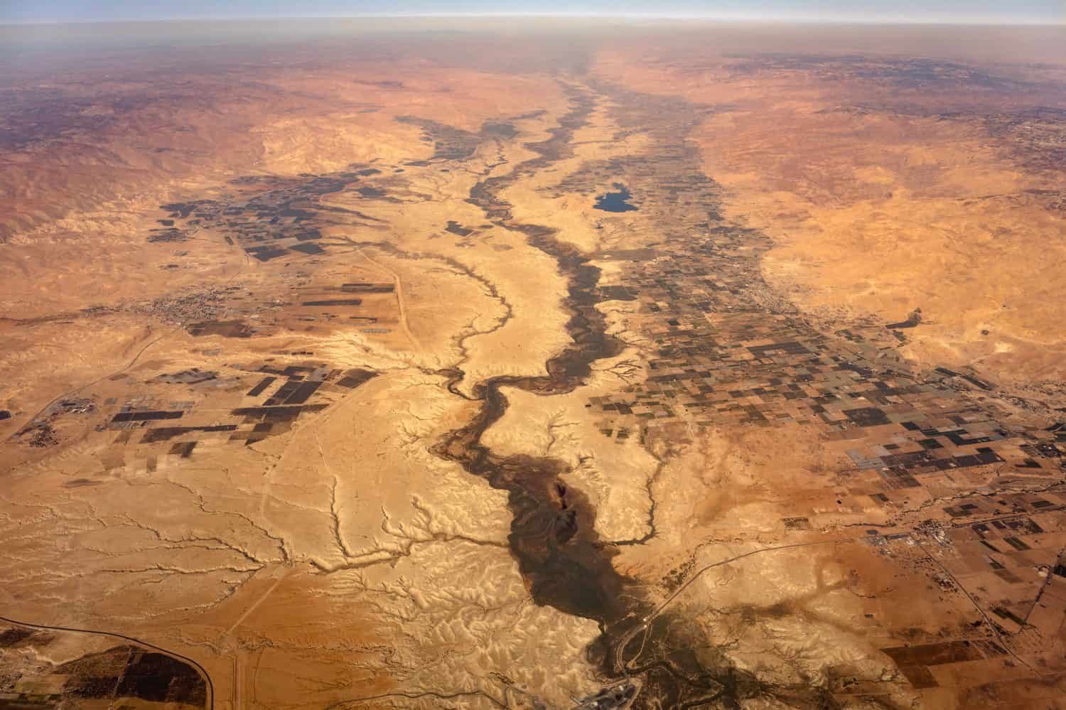 Aerial view of the Jordan River at the Jordan West Bank border