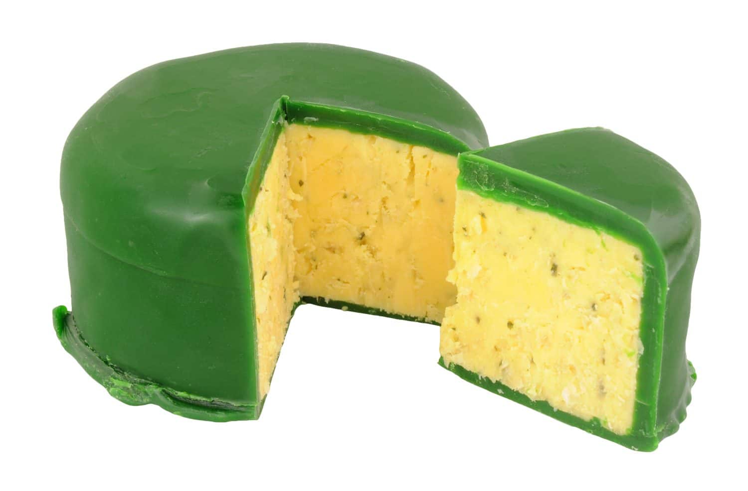 Green wax covered double Gloucester cheese isolated on a white background