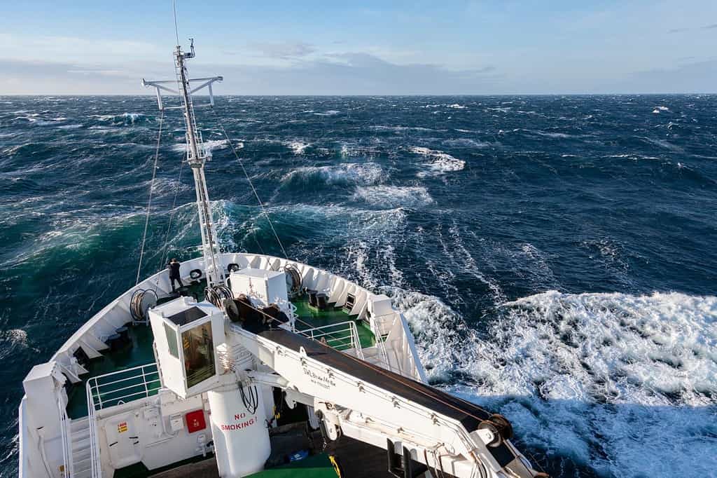 Rough sea in the Denmark Strait (or Greenland Strait) in the North Altlantic Ocean between Iceland and Greenland.