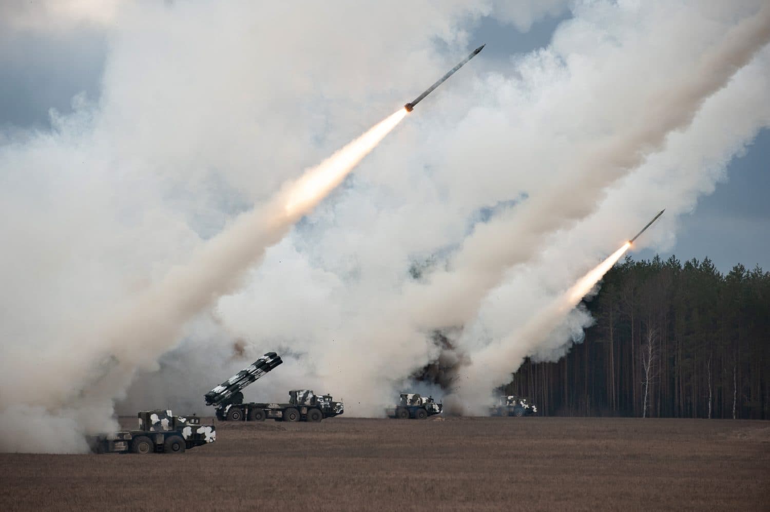 Launch of military missiles (rocket artillery) at the firing field during military exercise