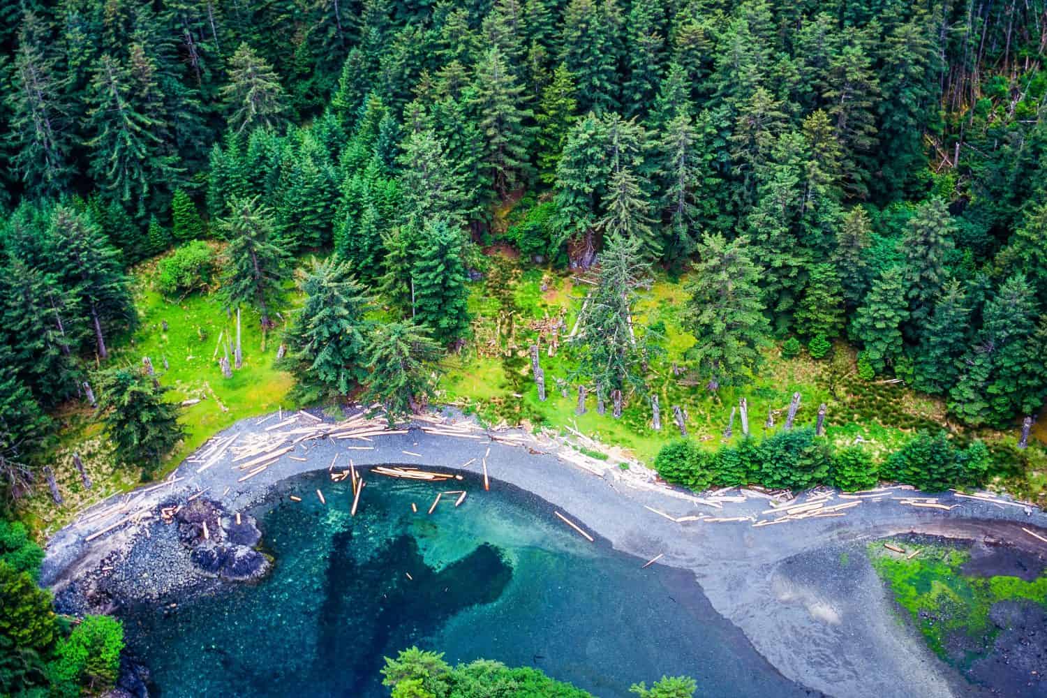 Aerial image of Ninstints, Haida Gwaii, BC, Canada