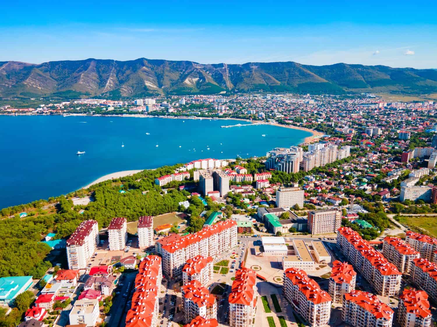 Gelendzhik city harbor aerial panoramic view. Gelendzhik is a resort town located on the Gelenjik Bay of the Black Sea in Krasnodar Krai, Russia.
