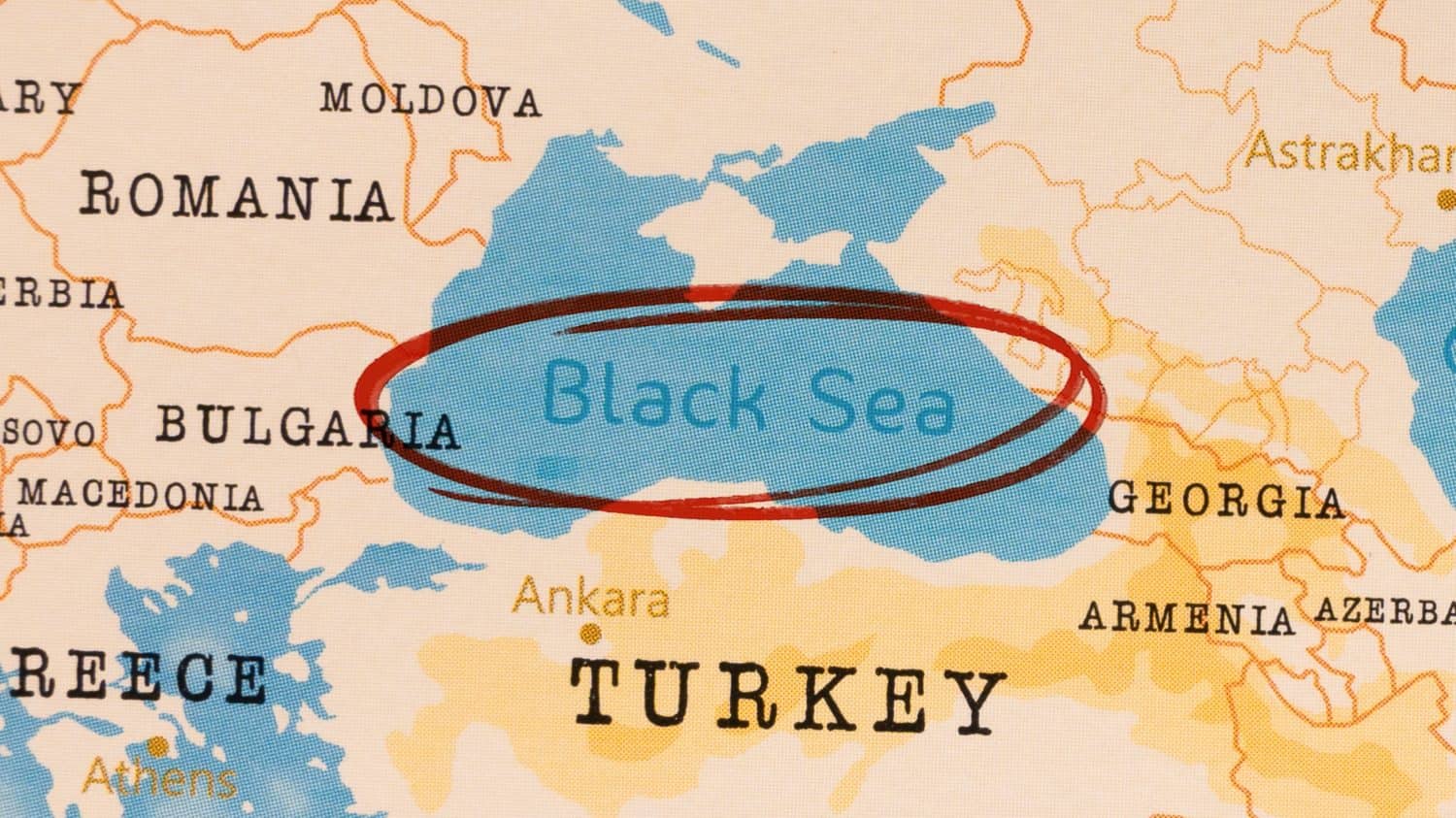 Black Sea marked with Red Circle on Realistic Map.