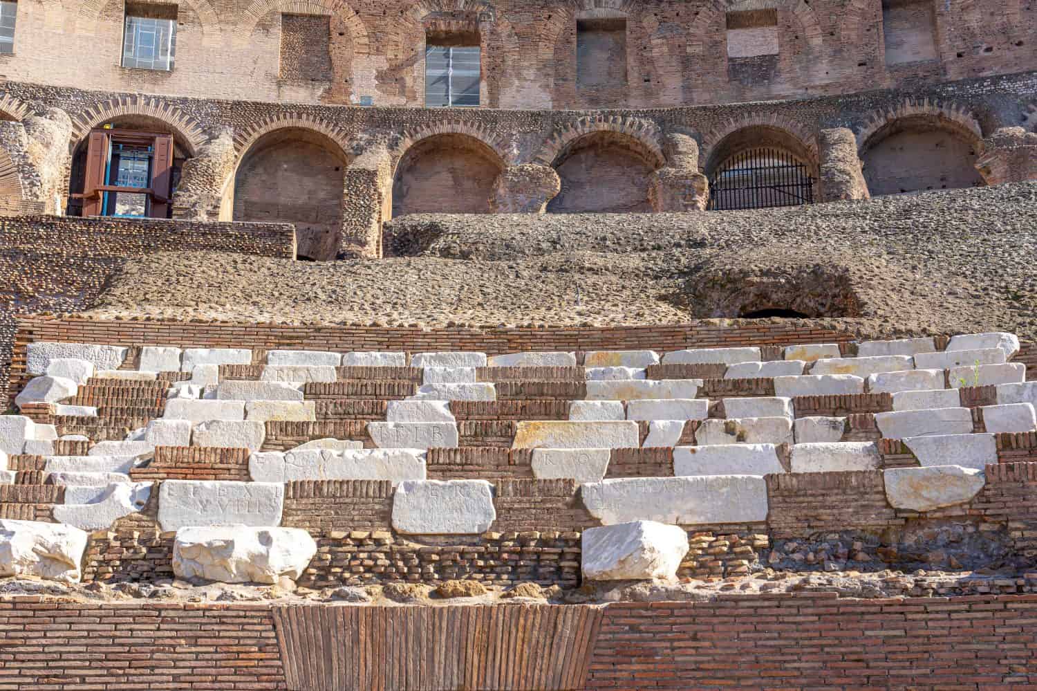 Stairs and seats for spectators in good condition inside the Colosseum in Rome