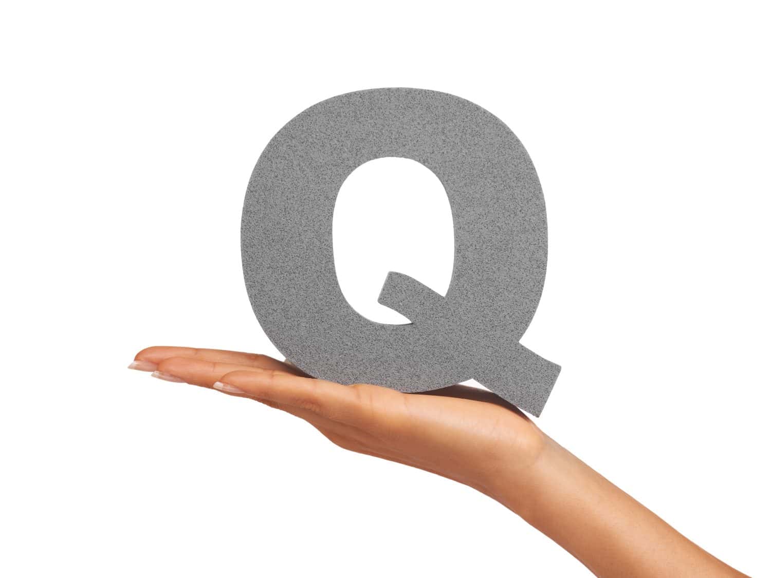 Woman, hand and letter Q or font in studio for advertising, learning or teaching presentation. Sign, alphabet or character for marketing, text or communication and grammar symbol on white background