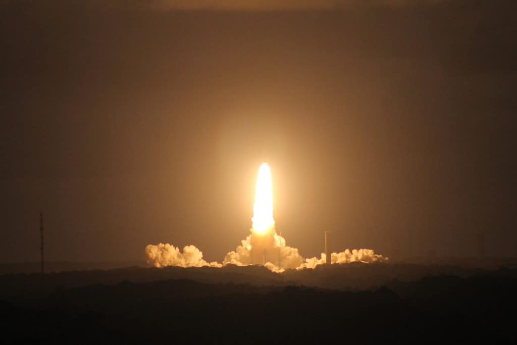 Rocket launch Ariane 5 in space, in French Guiana, lancement de la fusée Ariane 5