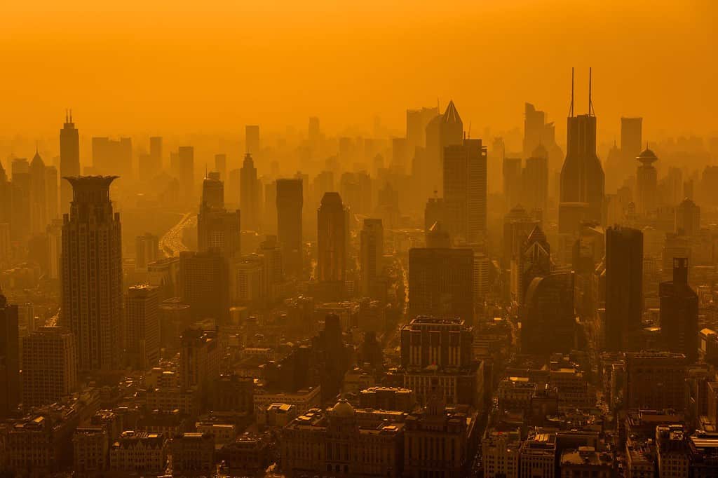 Shanghai skyline in smog.