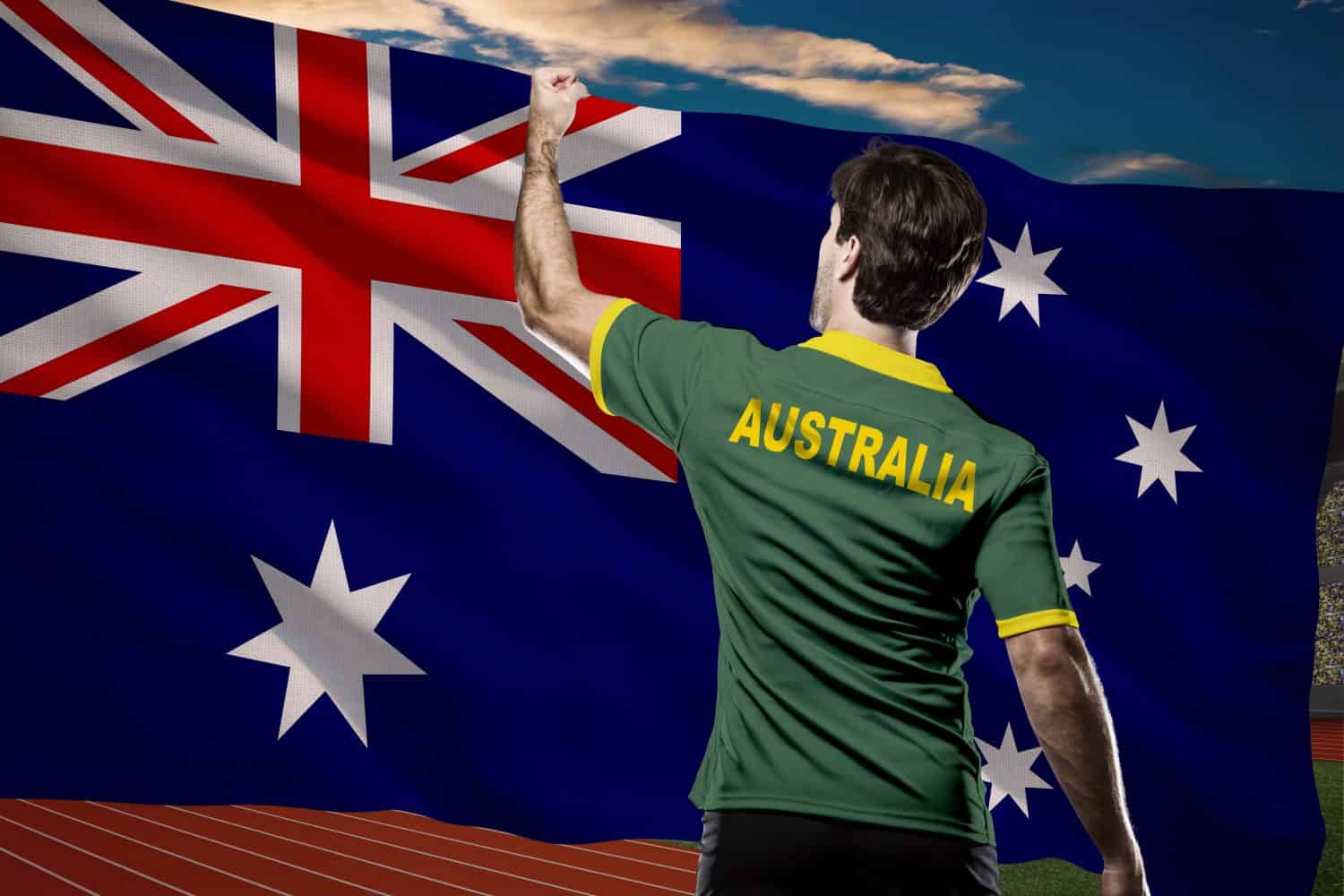 Australian Athlete Winning a golden medal in front of a Australian flag.