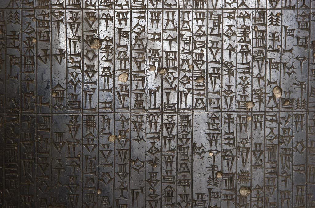 Detail from the Code of Hammurabi stela. Babylonian laws (circa 1760 BC)