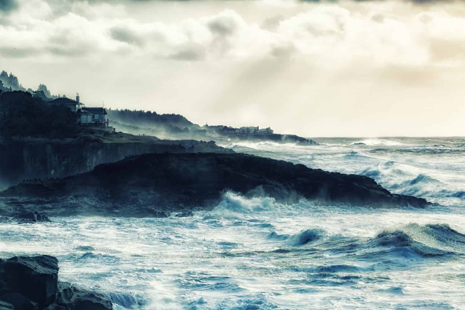 Artistic impression and rendering of rough and rugged Oregon Coast.  Photograph has been intentionally manipulated to present a vintage, painterly effect.