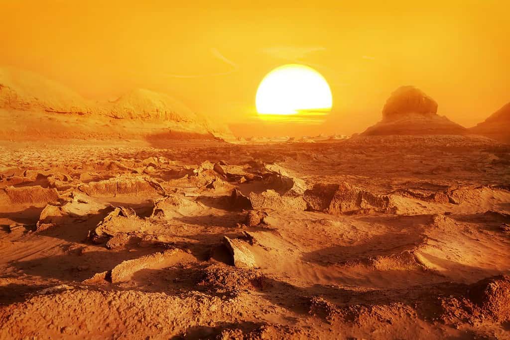 Dasht-e Lut deser - the hottest place on Earth. Sunset in the desert. Iran. Persia.