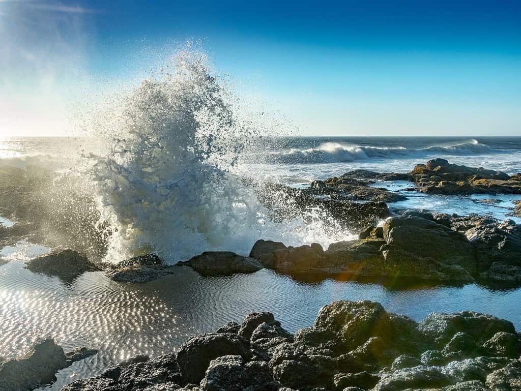 Wave Explodes from Thor's Well along Cape Perpetua coast