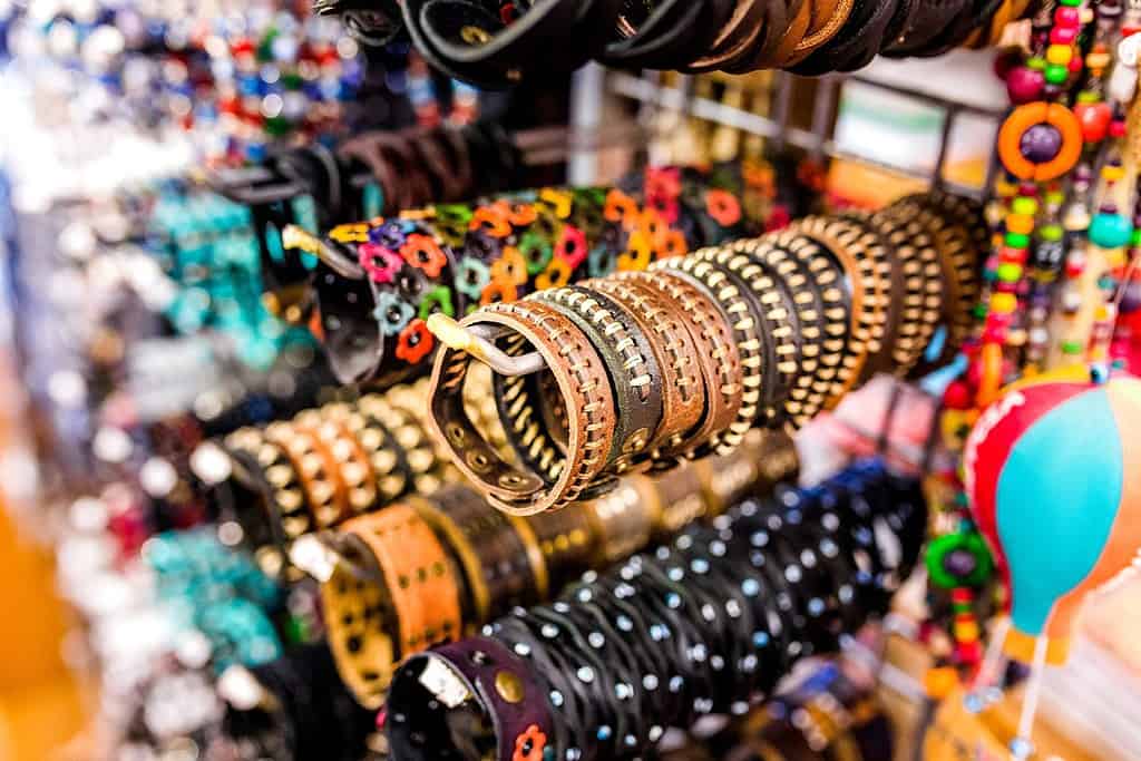 Leather vintage bracelets in a flea market