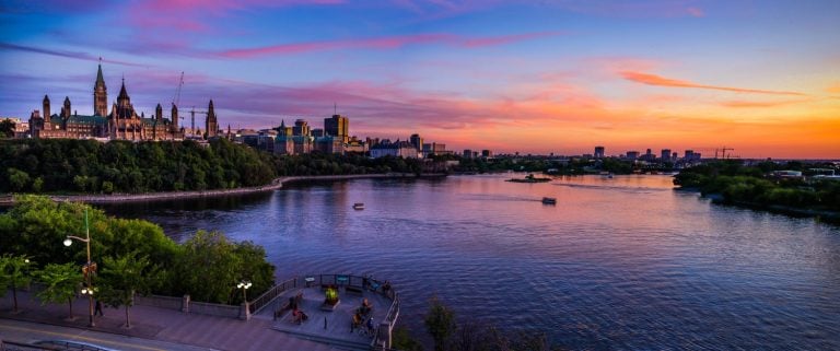 Stunning Panoramic View of Ottawa River and Parliament of Canada Summer Sunset