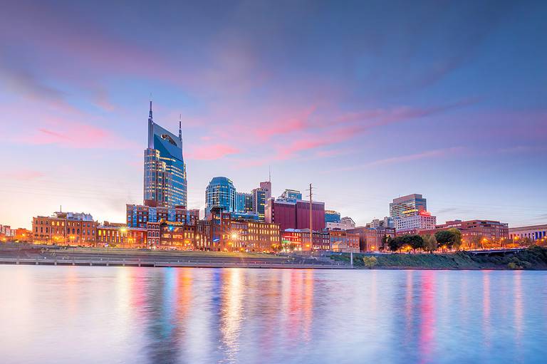 Nashville, Tennessee downtown skyline with Cumberland River in USA