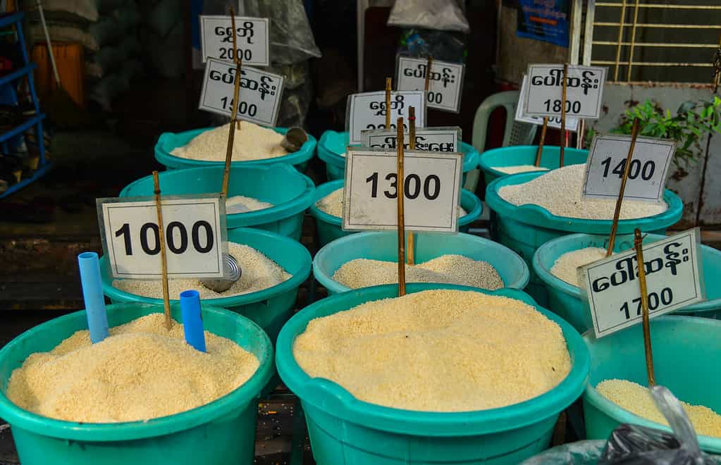 Selling rice at market in Yangon, Myanmar