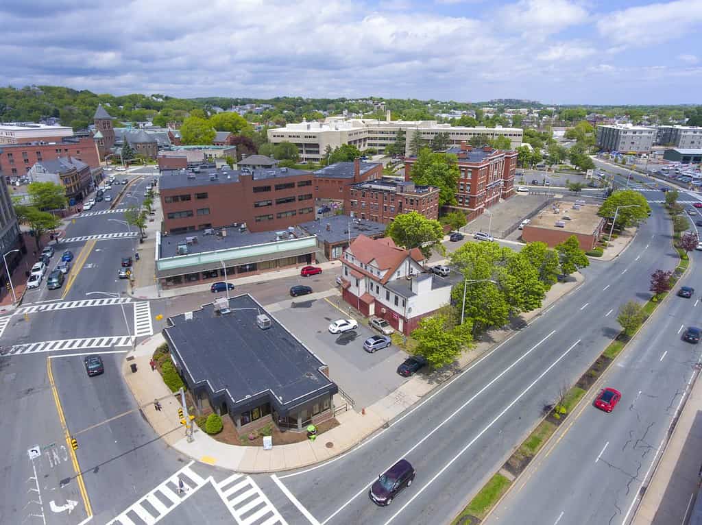 Malden city aerial view on Centre Street in downtown Malden, Massachusetts, USA.