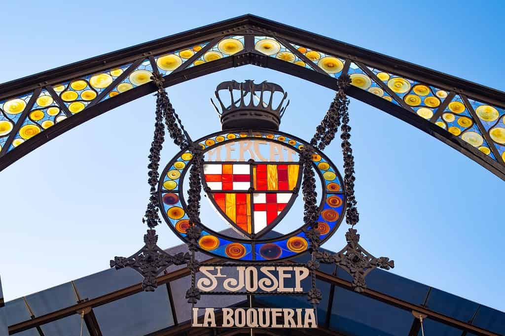 Boqueria Market Entrance in Las Ramblas Street, Barcelona, Catalonia, Spain.