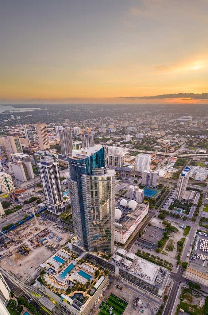 Beautiful aerial vertical panorama photo Paramount Worldcenter tower Downtown Miami Florida at twilight sunset