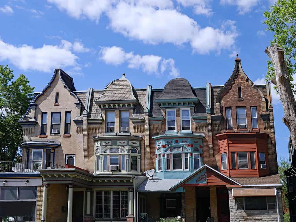 colorful row house facades with curved gables, Philadelphia near the University of Pennsylvania