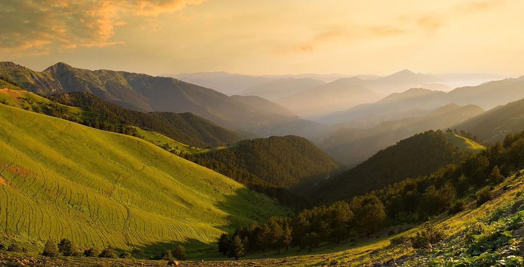 Beautiful mountain ranges at sunset. Zigana mountains view from Gumushane - Trabzon road. Black Sea geography. Northern Turkey