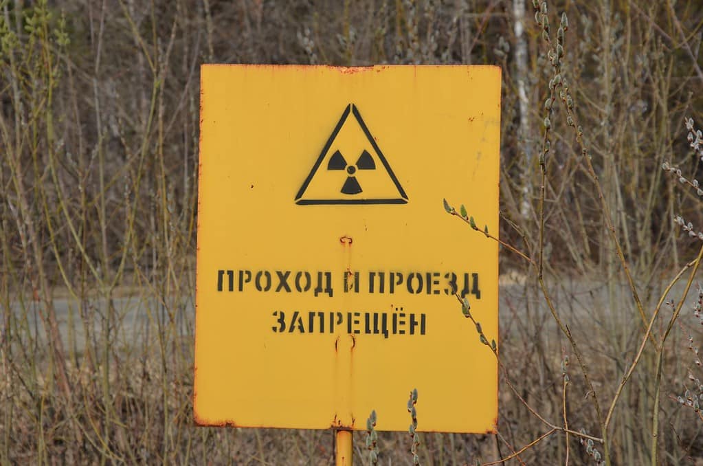 "Walk in and drive in forbidden", Mayak nuclear reprocessing plant warning sign, Chelyabinsk area