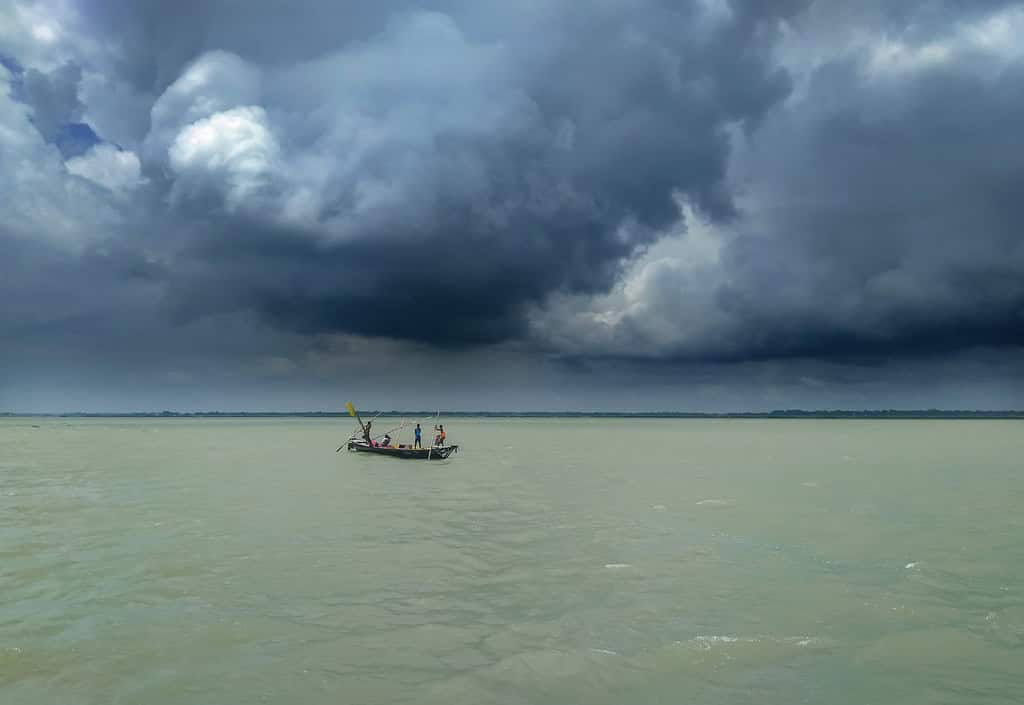 Bangladeshi traditional fishing boat on the sea. In a storm in the middle of the sea with a fishing boat.