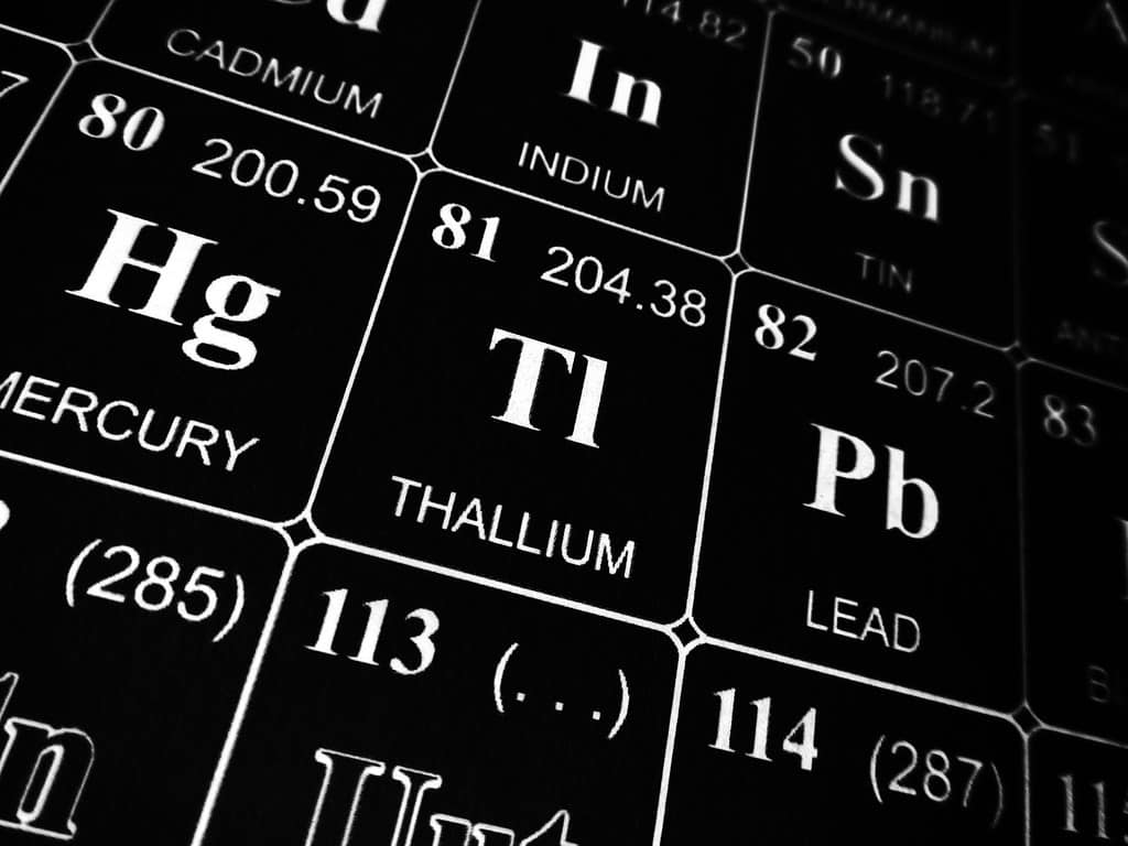Thallium on the periodic table of the elements printed on black fabric