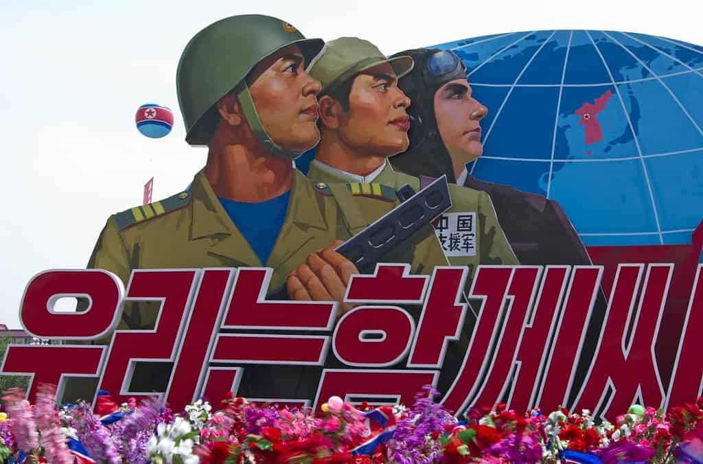 North Korean soldiers placard at the military parade in Pyongyang. Pyongyang, North Korea, July 2013.