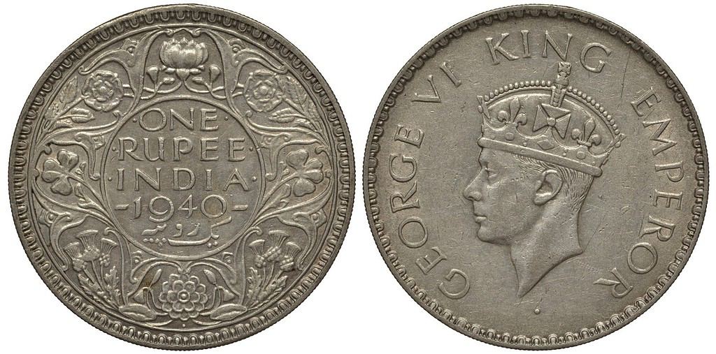 British India coin one rupee 1940, floral ornament, denomination at center, King George VI head left, colonial times, silver,