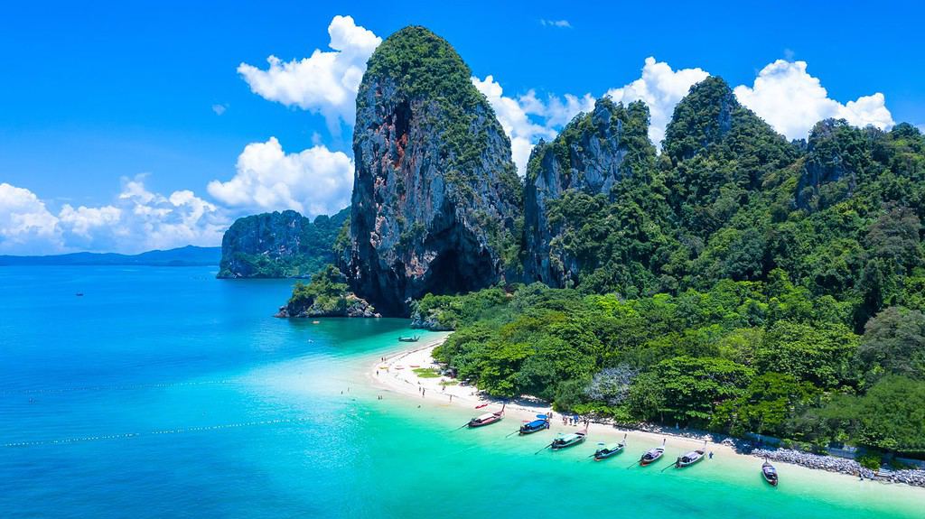 Aerial view Phra Nang Cave Beach with traditional long tail boat on Ao Phra Nang Beach, Ecosystem and healthy environment concepts and background, Railay Bay, Krabi, Thailand.