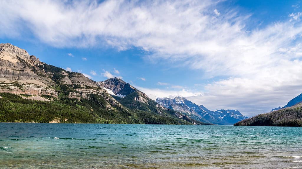 Upper Waterton Lake in Waterton Lakes National Park a park in the Canadian Rockies on the border of Alberta, British Columbia and Glacier National Park in Montana