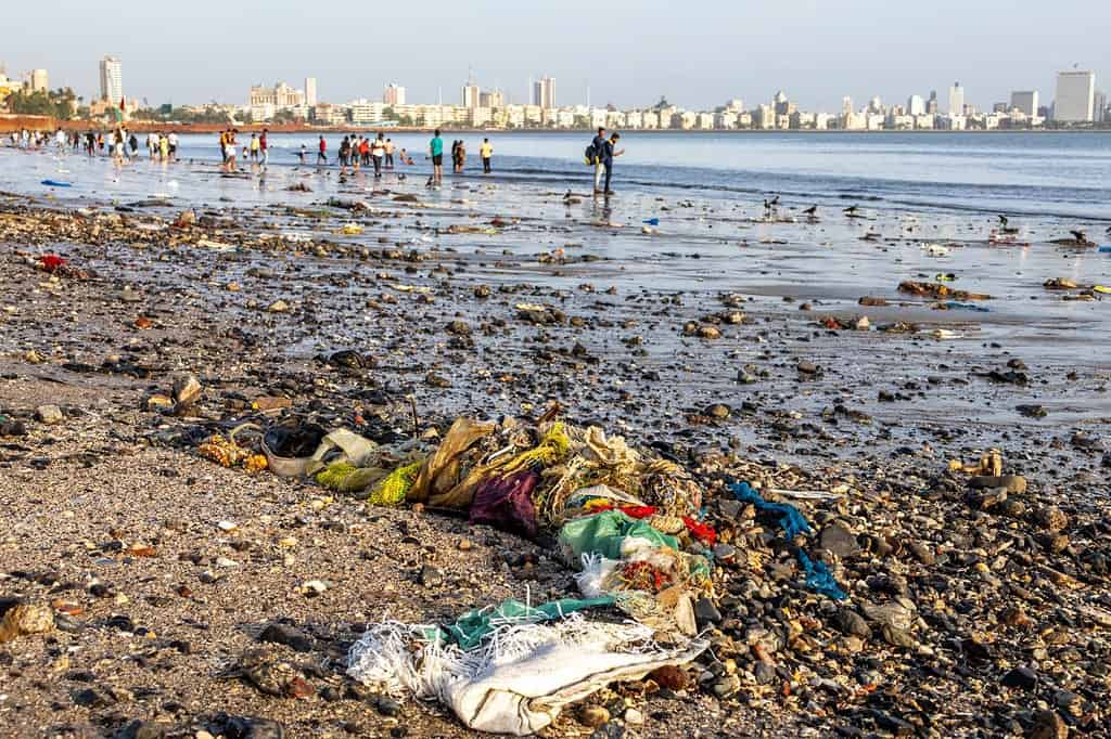 The sprawling Chowpatty Beach in Bombay, India, with people and all their trash and buildings in the distance.